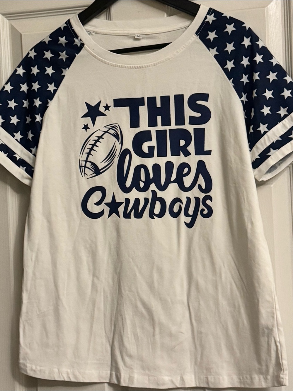 Womens White & Navy "This Girl Loves Cowboys" Star Sleeve Tee